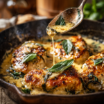 Mozzarella chicken in a creamy basil sauce being drizzled in a cast iron skillet.