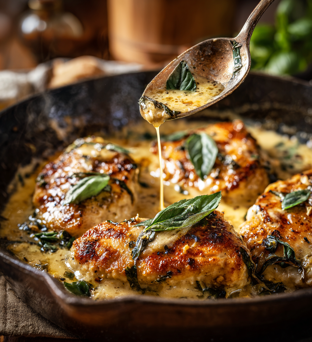 Mozzarella chicken in a creamy basil sauce being drizzled in a cast iron skillet.