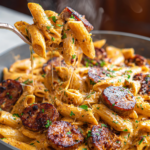 One-pot creamy Cajun sausage pasta with penne and melted cheese in a skillet.