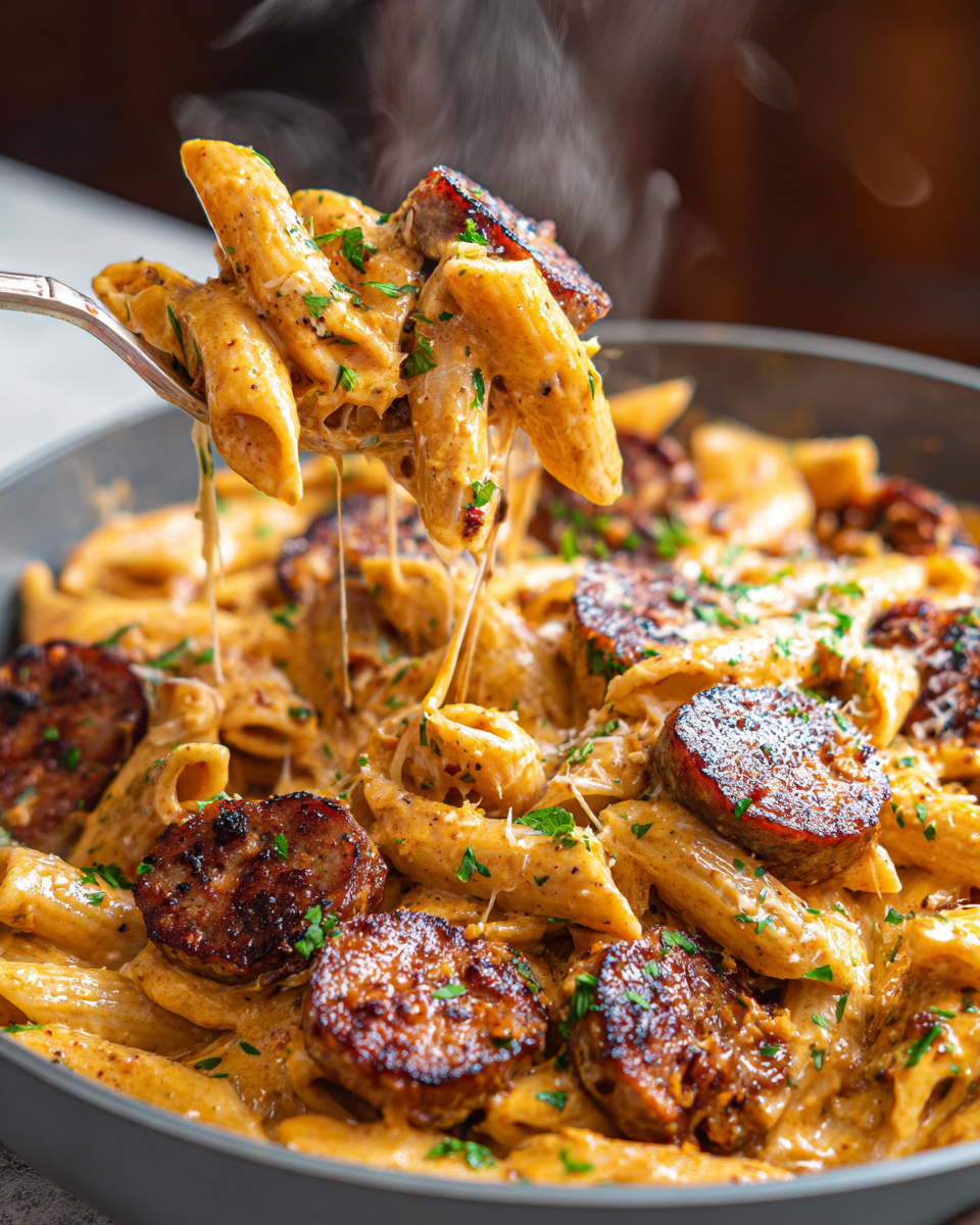 One-pot creamy Cajun sausage pasta with penne and melted cheese in a skillet.