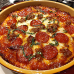 Pizza cottage cheese bake with pepperoni, sausage, and fresh basil in a ceramic dish.