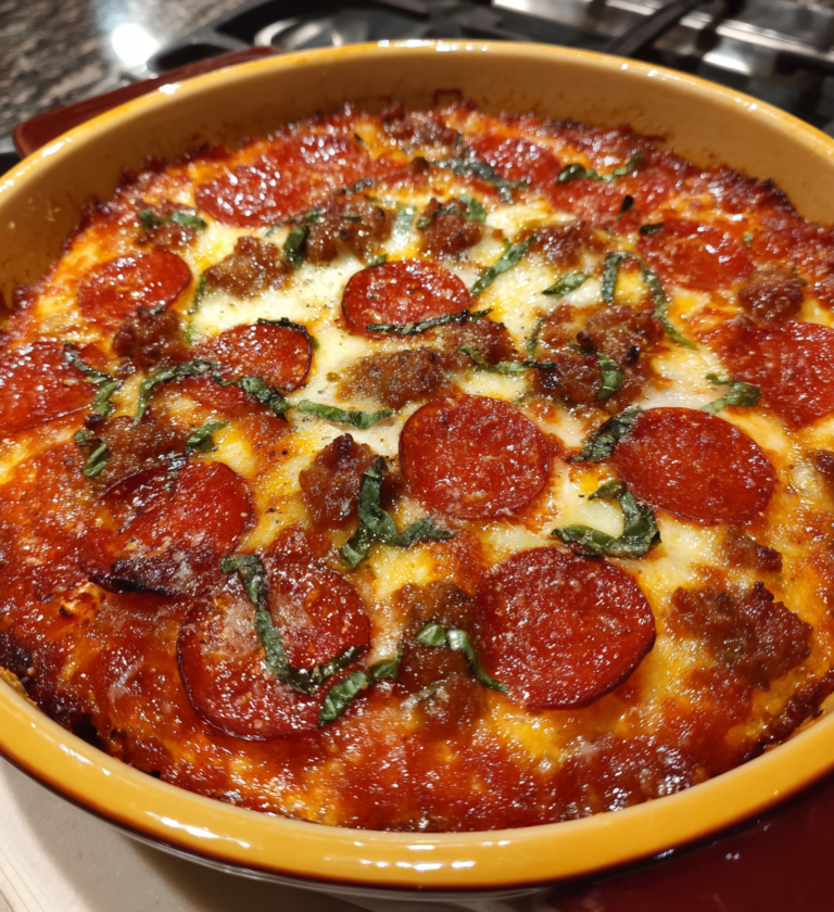 Pizza cottage cheese bake with pepperoni, sausage, and fresh basil in a ceramic dish.