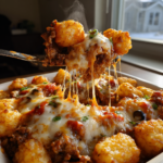 Cheesy pizza tot casserole featuring a melted mozzarella cheese pull and crispy golden tater tots.