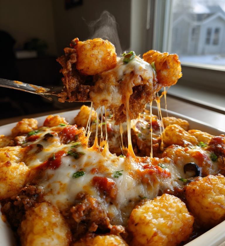 Cheesy pizza tot casserole featuring a melted mozzarella cheese pull and crispy golden tater tots.