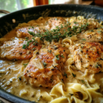 Savory one-pan chicken with buttered noodles and fresh thyme in a creamy sauce.