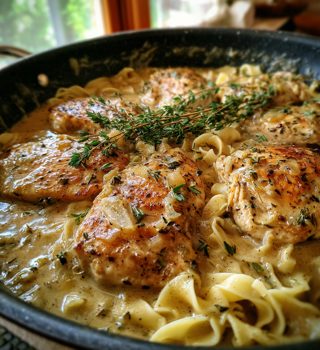 Savory one-pan chicken with buttered noodles and fresh thyme in a creamy sauce.