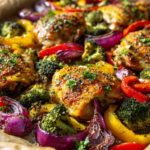 Sheet pan garlic butter chicken with roasted broccoli, bell peppers, and red onion.