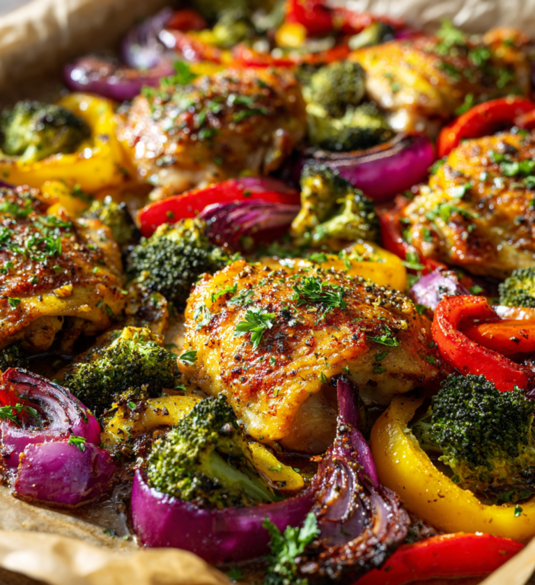 Sheet pan garlic butter chicken with roasted broccoli, bell peppers, and red onion.