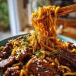 Sticky beef noodles with green onions and sesame seeds being lifted by wooden chopsticks.