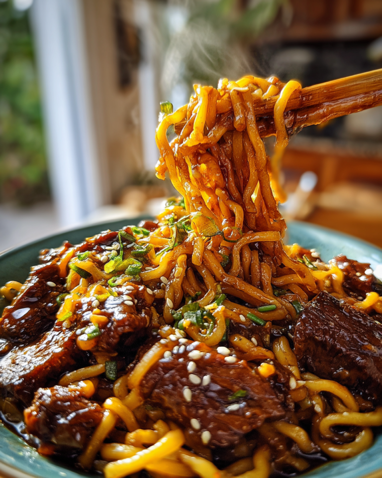 Sticky beef noodles with green onions and sesame seeds being lifted by wooden chopsticks.