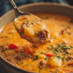 A spoonful of creamy cheeseburger soup with ground beef, potatoes, and fresh parsley.