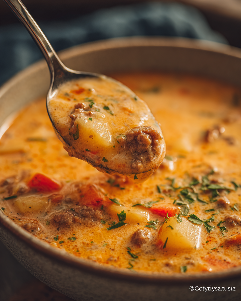 A spoonful of creamy cheeseburger soup with ground beef, potatoes, and fresh parsley.
