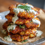 Stacked crispy dill pickle parmesan chicken drizzled with creamy sauce and garnished with fresh dill.