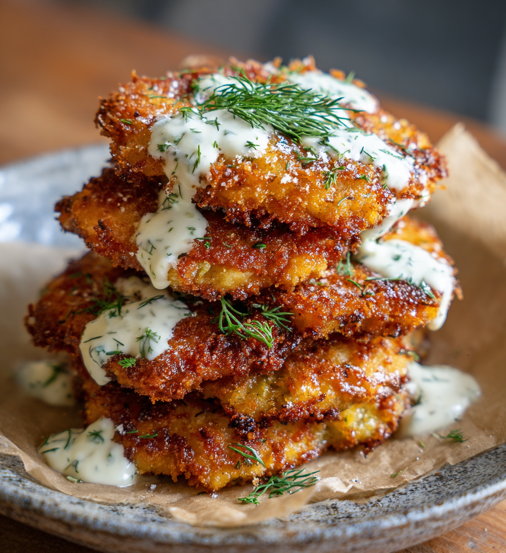 Stacked crispy dill pickle parmesan chicken drizzled with creamy sauce and garnished with fresh dill.