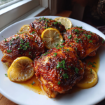 Juicy lemon paprika roast chicken thighs garnished with lemon slices and fresh parsley.
