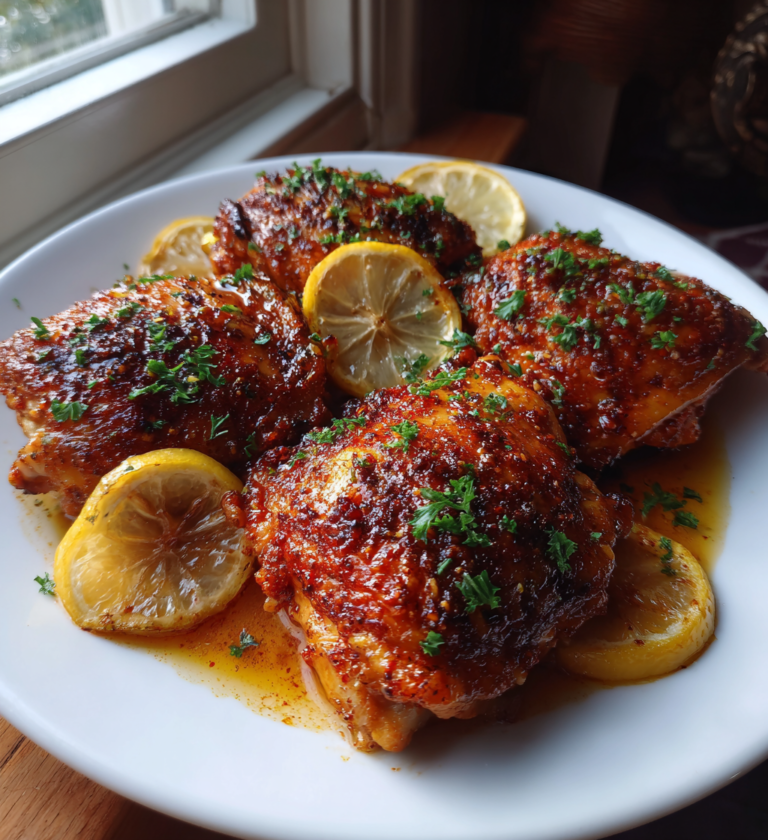 Juicy lemon paprika roast chicken thighs garnished with lemon slices and fresh parsley.