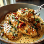 Creamy Marry Me Chicken with sun-dried tomatoes and fresh basil garnish in a bowl.