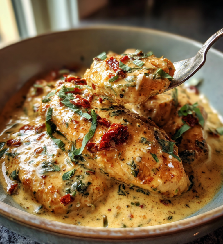 Creamy Marry Me Chicken with sun-dried tomatoes and fresh basil garnish in a bowl.