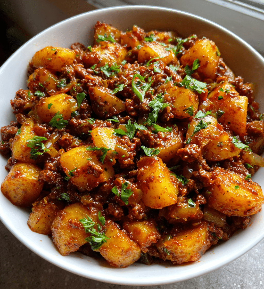 Hearty one-pan Sloppy Joe potato skillet with ground beef and fresh parsley garnish.