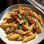 A bowl of creamy Marry Me chicken pasta with penne, sun-dried tomatoes, and fresh basil.