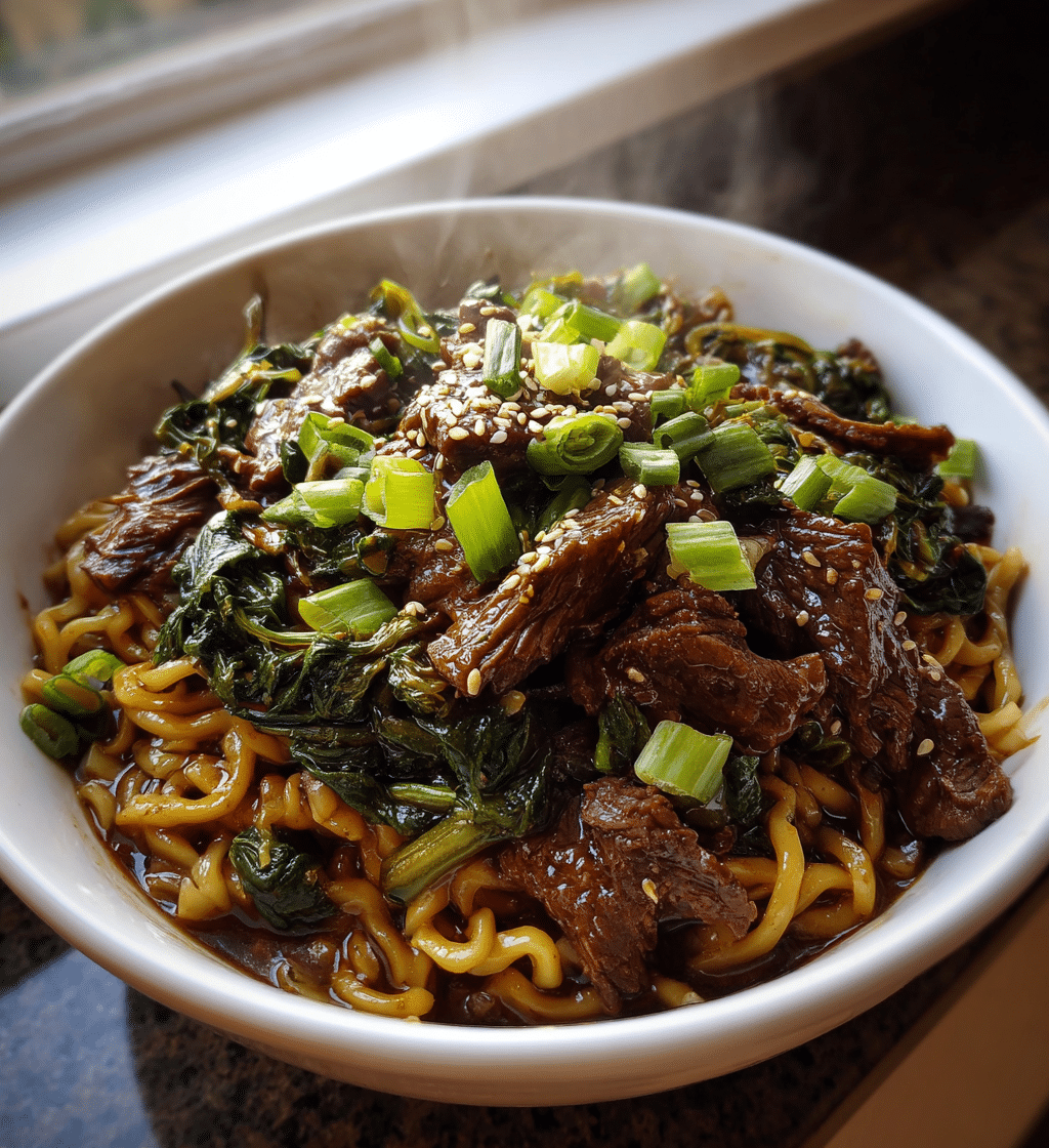 Savory slow cooker Korean beef noodles topped with fresh green onions and sesame seeds.
