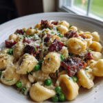 Creamy shell pasta with green peas, crispy pancetta, and grated parmesan cheese.
