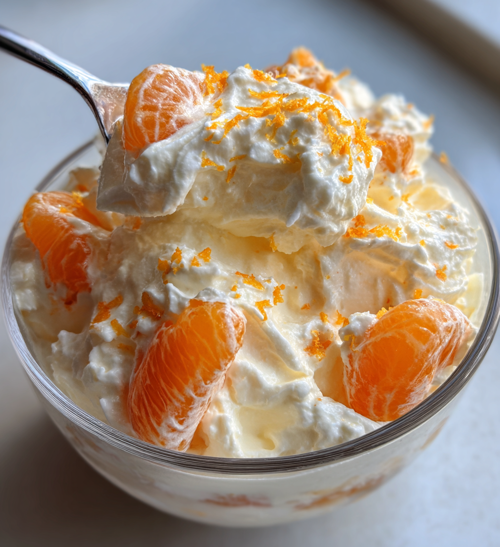 Healthy Greek yogurt orange fluff dessert with fresh orange segments and citrus zest.