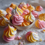 Colorful pink and yellow swirled Jello meringue cookies served in a bowl.