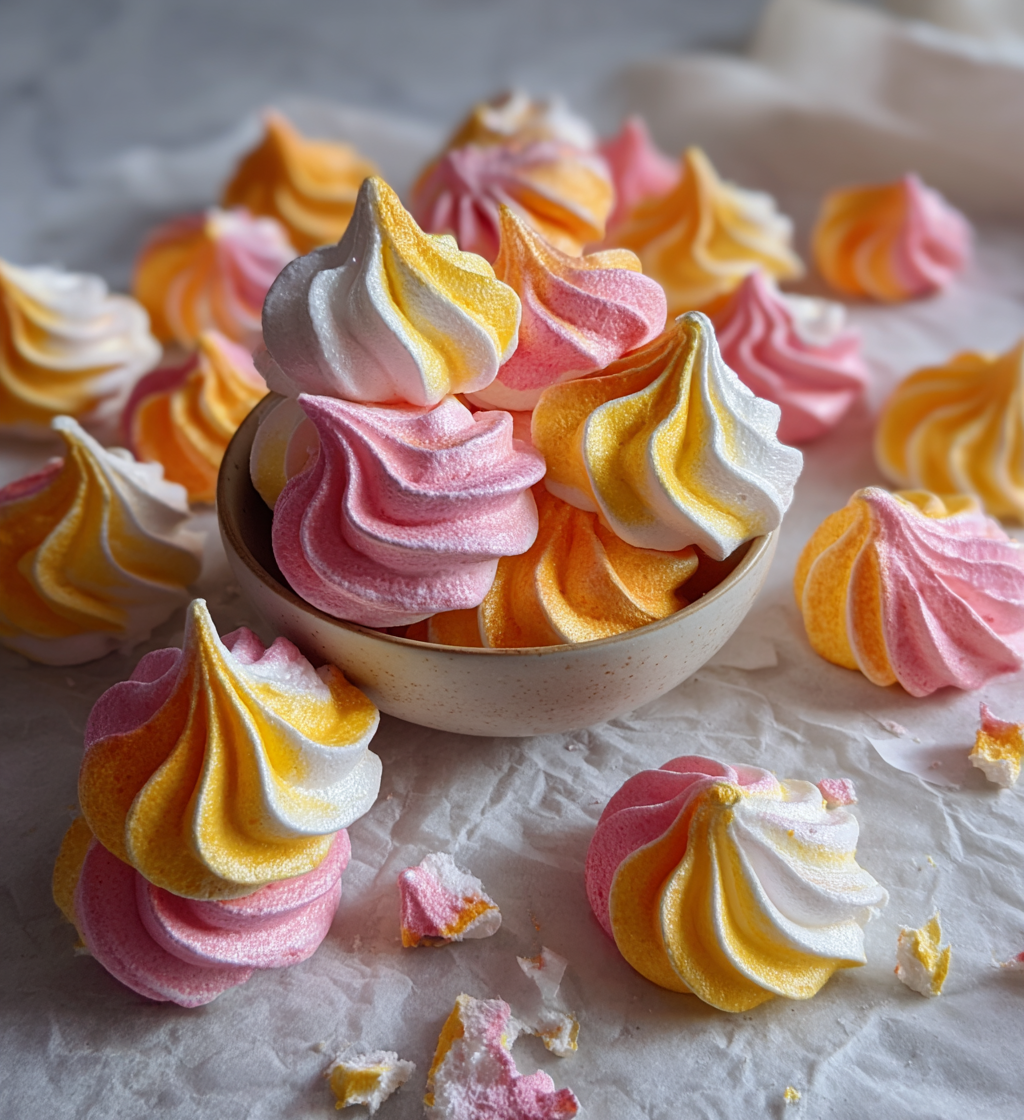 Colorful pink and yellow swirled Jello meringue cookies served in a bowl.