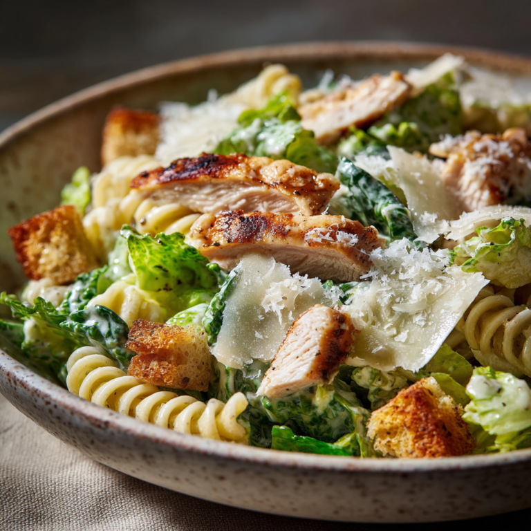 Bowl of chicken Caesar pasta salad with grilled chicken, rotini, croutons, and shaved parmesan cheese.