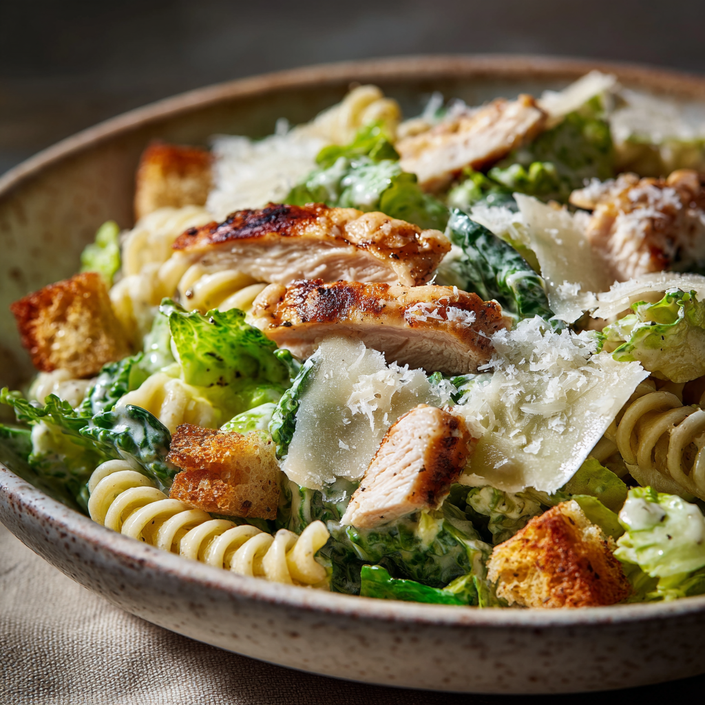 Bowl of chicken Caesar pasta salad with grilled chicken, rotini, croutons, and shaved parmesan cheese.