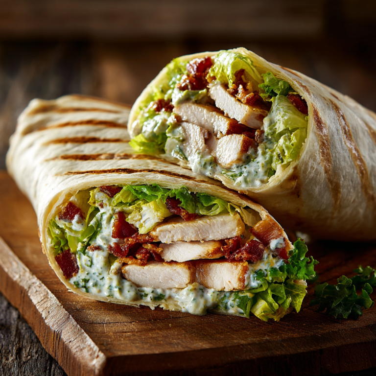 Grilled chicken Caesar wrap with crispy bacon, lettuce, and creamy dressing on a wooden board.