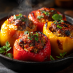 Steaming red and yellow stuffed bell peppers in a skillet, an easy 30-minute dinner recipe.