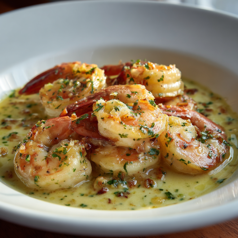 Succulent shrimp in a rich, creamy garlic sauce with fresh parsley garnish in a bowl.