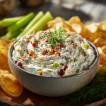 Creamy Pickle De Gallo ranch dip served in a bowl with chips and celery sticks.