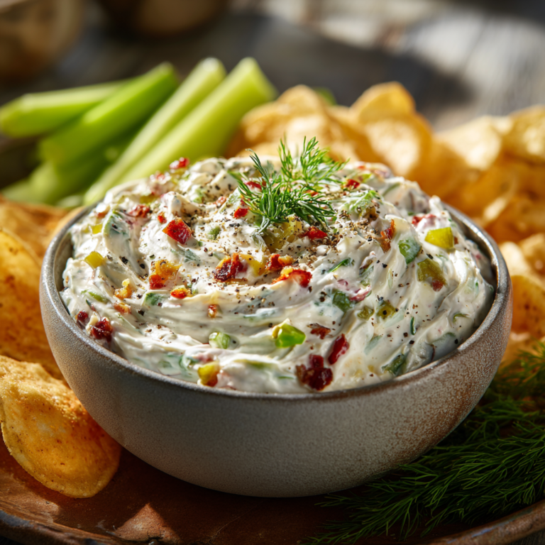 Creamy Pickle De Gallo ranch dip served in a bowl with chips and celery sticks.
