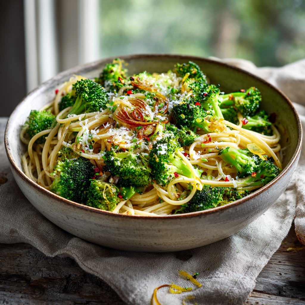 Easy healthy broccoli pasta with parmesan cheese, caramelized onions, and red pepper flakes.