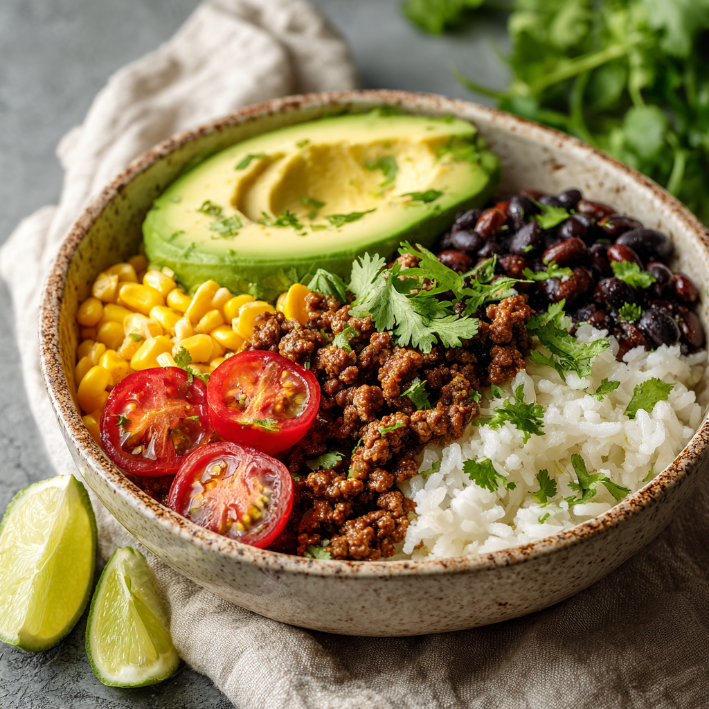 Healthy taco rice bowl with seasoned ground meat, avocado, black beans, corn, and lime wedges.