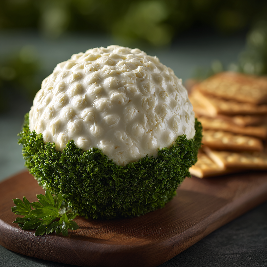 Golf ball cheese ball with parsley grass base and crackers for a Masters party appetizer.