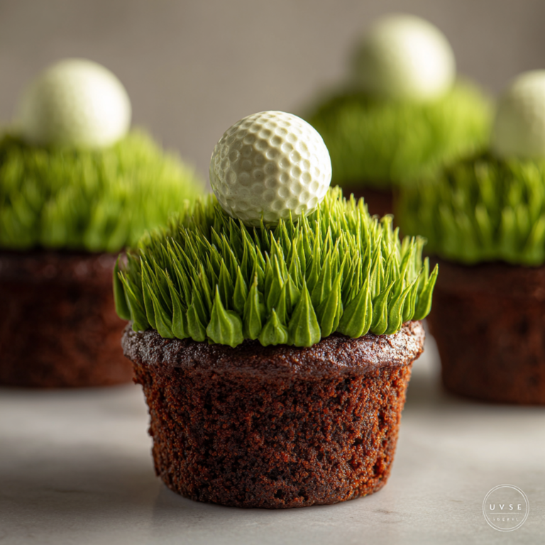 Chocolate golf course cupcakes with green grass frosting and white golf ball toppers.
