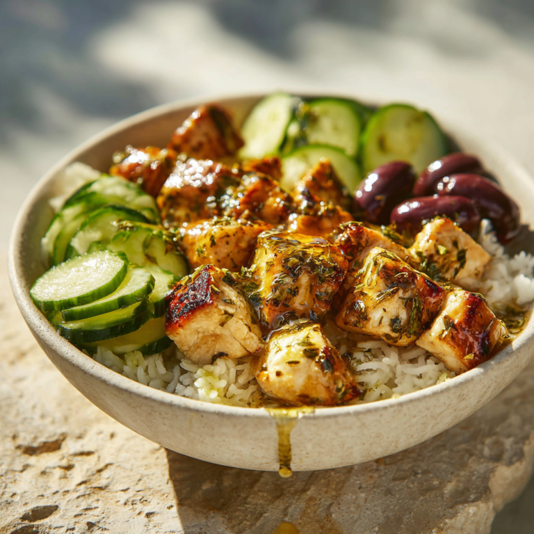 Greek chicken bowl with herb-marinated chicken, rice, cucumbers, and Kalamata olives for healthy meal prep.