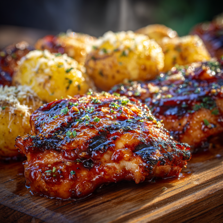 Grilled honey BBQ chicken thighs and roasted potatoes for a delicious grill dinner for two.