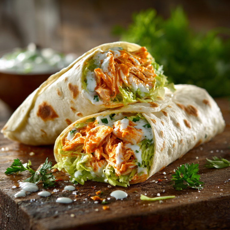 Two spicy buffalo chicken wraps with shredded lettuce and ranch dressing on a wooden board.