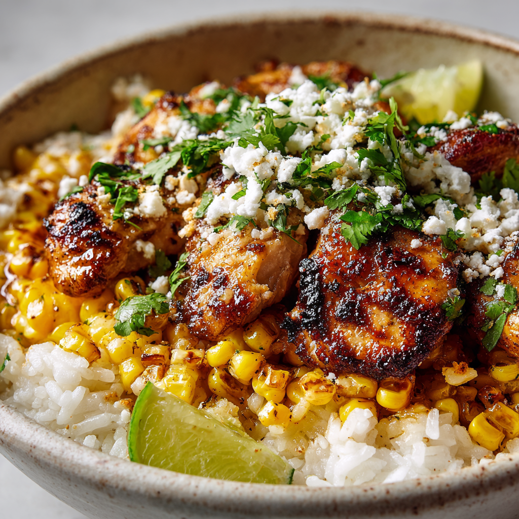 Street Corn Chicken Rice Bowl topped with grilled chicken, charred corn, cotija cheese, and lime.
