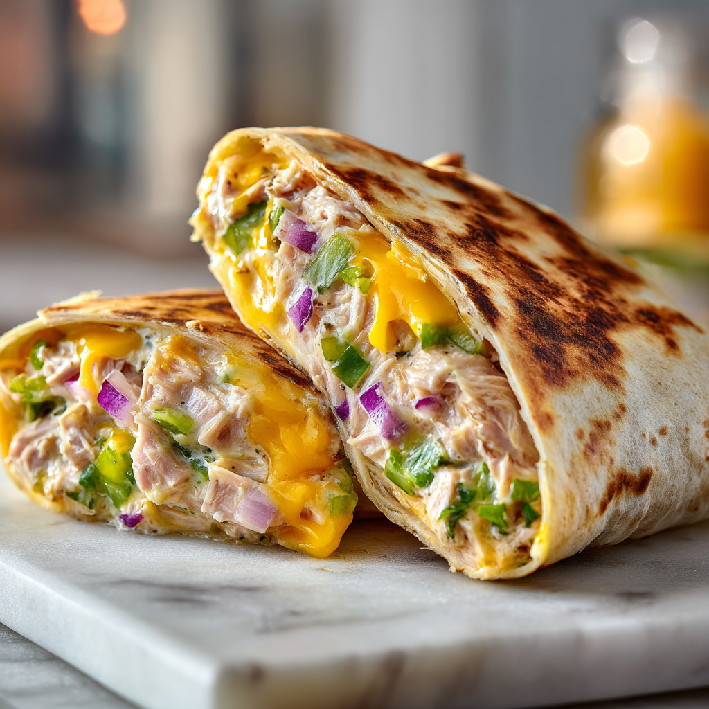 Grilled tuna melt wrap filled with melted cheddar cheese, red onions, and peppers.