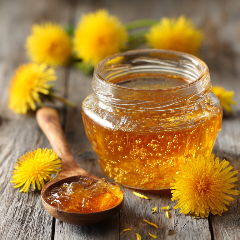 Glass jar of golden dandelion jelly with honey surrounded by fresh yellow dandelion flowers.