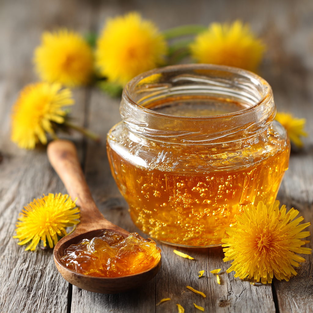 Glass jar of golden dandelion jelly with honey surrounded by fresh yellow dandelion flowers.