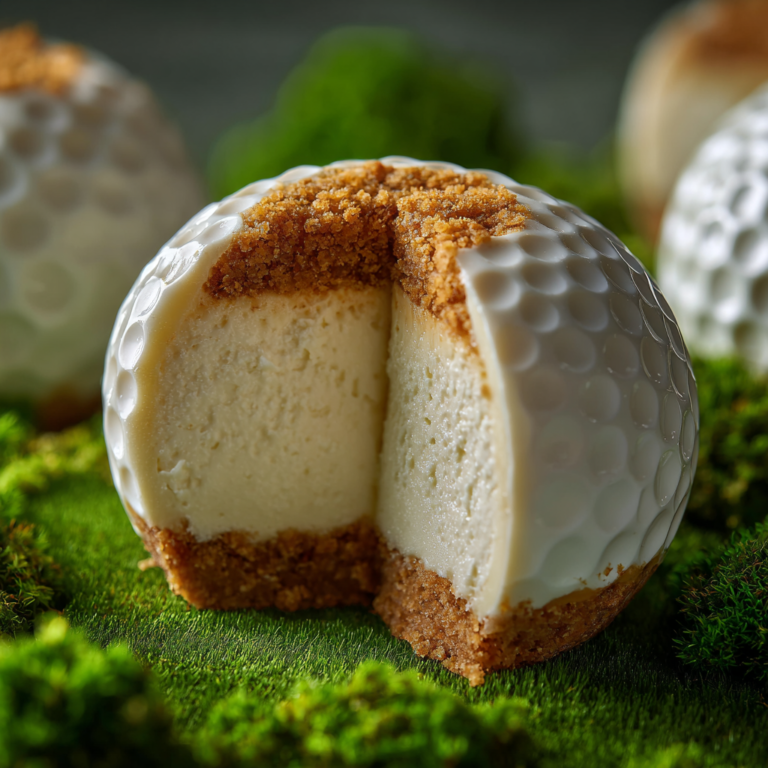 A golf ball cheesecake cut open to reveal the creamy filling and graham cracker crust.