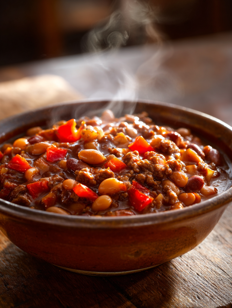Baked beans with ground beef and peppers: 1 hearty pot