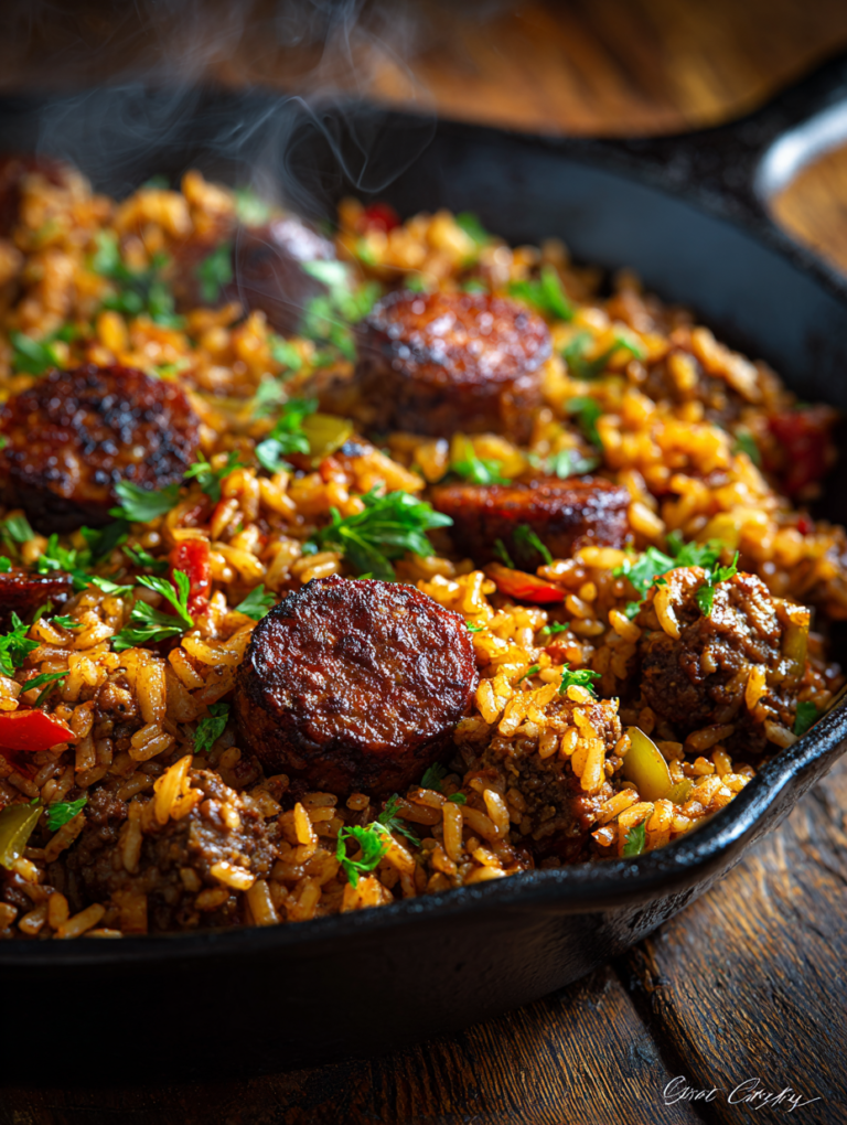 Dirty rice with ground beef and sausage in 1 easy pot